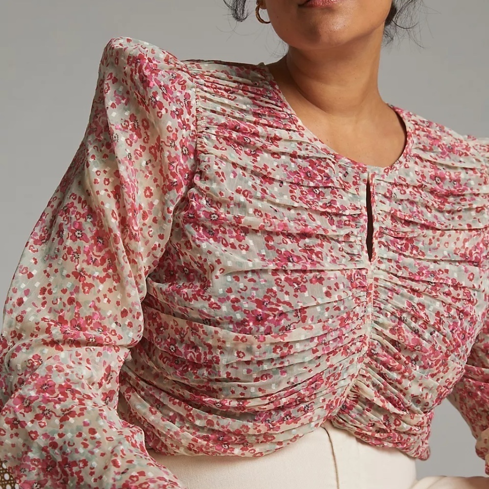 NWT Anthropologie  Let Me Be Ruched Floral Puff Sleeve Blouse XL - Picture 4 of 6